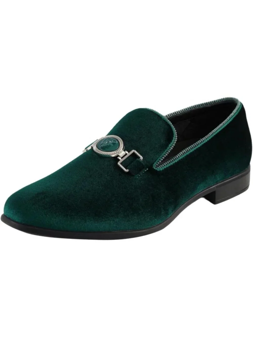 Amali Men's Green Velvet Loafers Lion Head Buckle Slip On Smoking Tuxedo Shoes